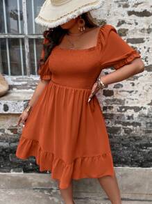 SHEIN Clasi Vestido de manga abullonada con cuello cuadrado grande y dobladillo con volantes para tallas grandes - Naranja Quemada - Ver 3