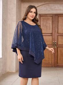 Vestido de la madre de la novia de manga de capa con malla de lentejuelas contrastantes en talla grande