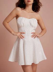 Chiquease Strapless Solid Color Ribbed Texture Bodycon Dress With Padded Cups - White - View 4