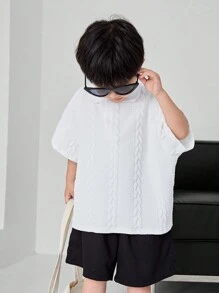 SHEIN 1 Stück Casaul Kleine Junge Polo Shirt In Akademie Stil. Einfach, Praktisch, All-match, Weich, Bequem, Locker, Struktur-stoff, Atmungsaktiv, Geeignet Für Frühling Und Sommer - Weiss - Übersicht 3