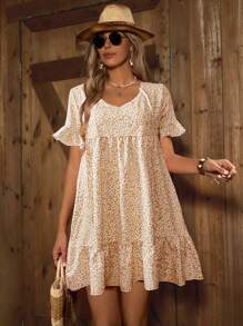 Breezaya Floral Printed Short Sleeve V-Neck Dress With Ruffle Hemline, Summer