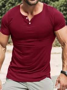 Manfinity Homme Camiseta de manga corta tipo Henley ajustada para hombre con botones de unicolor para el verano - Rojo - Ver 1