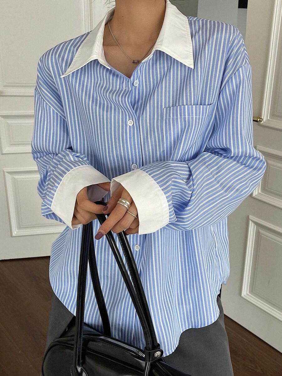 DAZY 女士条纹印花落肩衬衫长袖上衣 - 藍色 - 查看 1