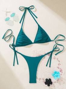 Swim SXY Women's Summer Beach Solid Color Ruched Halter Halter Sexy Bikini Set - Blue - View 5
