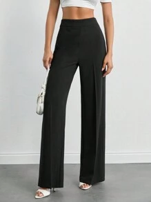 EURMUSE Pantaloni casual a vita alta a gamba ampia di colore unito, lunghezza intera, taglia petite per donna - nero - Visualizzare 5