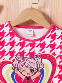 SHEIN Young Girl Knitted Plaid Cute Girl Pattern Contrast Mesh Integrated Dress - Hot Pink - View 3