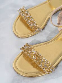 女士休闲优雅时尚系带玻璃水晶装饰平底凉鞋