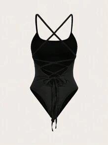 SHEIN Essnce 後無背黑色連體衣，內置薄墊胸罩和細肩帶 - 黑色 - 查看 9