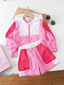 SHEIN 2 件装少女休闲运动百搭时尚连帽拉链夹克外套+短裤套装，适合跑步、运动、户外、郊游、聚会、亲子活动、秋夏季，透气舒适，防紫外线 - 彩色 - 查看 1
