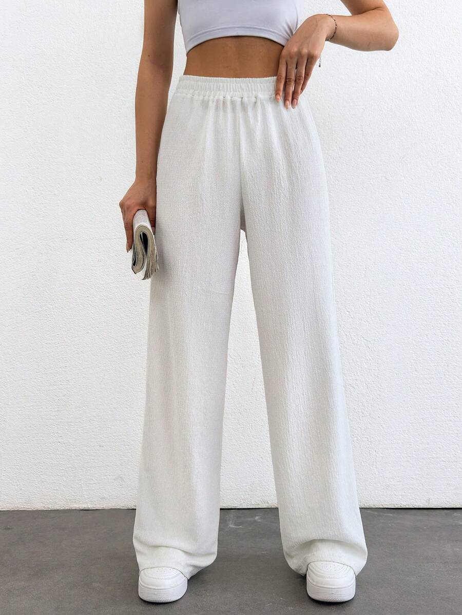 SHEIN Tall Tall Size Solid Elastic Waist Straight Leg Pants - White - View 1