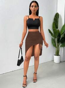 SHEIN Unity Women Solid Color Drawstring Split Thigh Skirt - Brown - View 5
