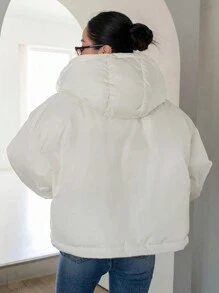 Áo khoác ngắn có mũ trùm đầu màu trơn ấm áp dành cho nữ, áo khoác mùa đông - trắng - Xem 2