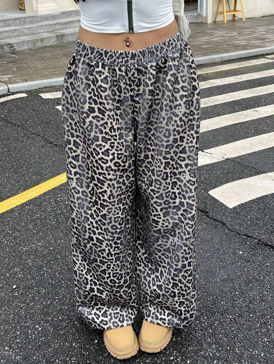 SHEIN EZwear Plus Size Women's Fall Classic Rock Distressed Leopard Print Woven Twill Pants For Back-To-School Season - Multicolor - View 1
