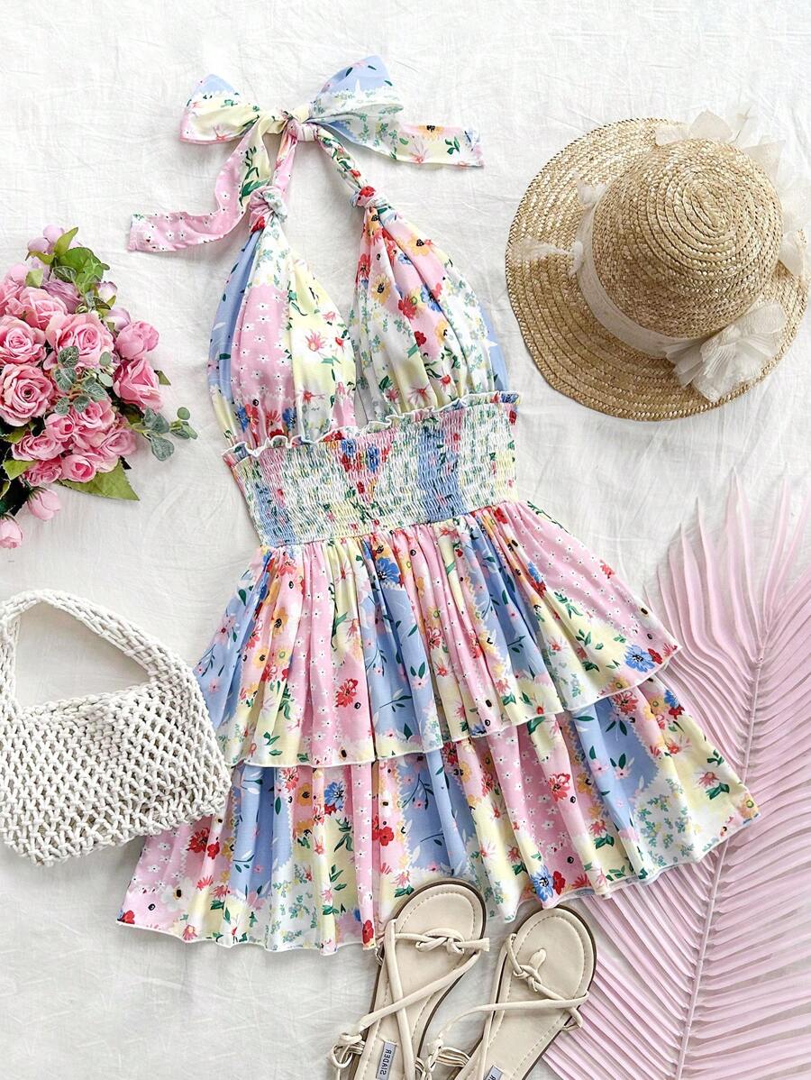 Soleia Multi-Color Block Patchwork Retro-Floral Country Style Vacation Romantic Casual Dress With Ruffles, Knots, And Bow, Double-Layered 'A' Dress - Multicolor - View 1