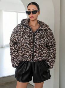 DAZY 豹纹宽松连帽长袖拉链女士棉服外套，冬季女装，冬季外套女士 - 棕色 - 查看 8