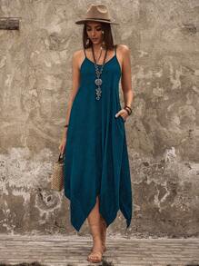 Breezaya 女士固色手帕式不對稱吊帶連衣裙 - 水鴨藍 - 查看 4