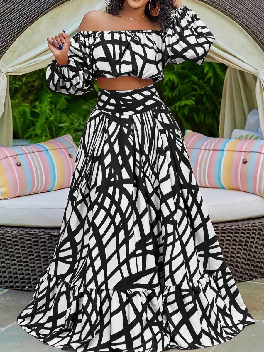 两件套女士印花露肩灯笼袖短款上衣和裙子套装 黑色 - 黑色 - 查看 1