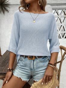 Chiquease Casual Solid Color Commuting Elegant 3/4 Sleeve Women's Top, Round Neck