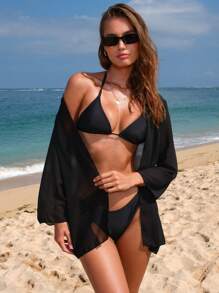 SHEIN Swim Women's Solid Color Halter Neck Bikini Set, Summer Beach Wear - Black - View 4