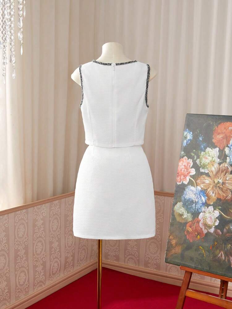 2pcs Women's Matching Waffle Knit Sleeveless Top With Tasseled Trim And Waffle Knit A-Line Skirt With Tassel Trim, Romantic Elegant Summer Mommy And Me Outfit (Sold Separately)