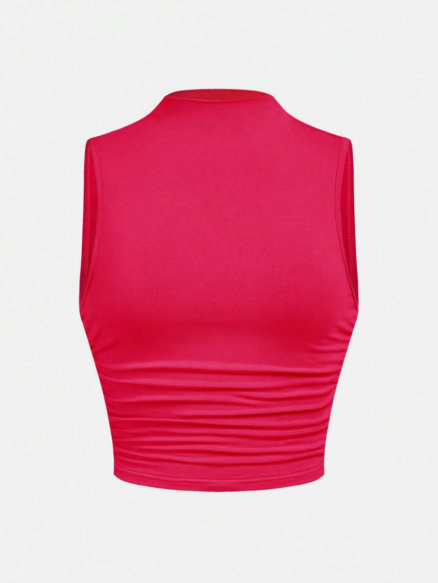 SHEIN Teen Girl's Knitted Sleeveless Top With Gathered Waist And Half High Neck