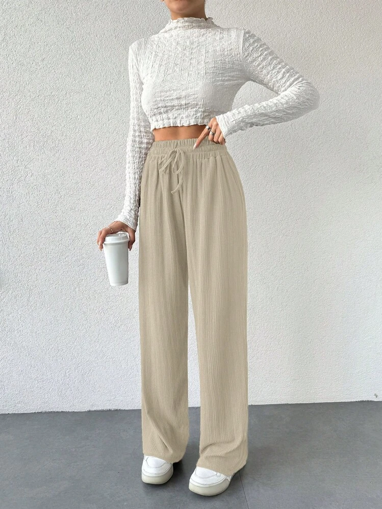 Pantalones harén de cintura elástica con piernas anchas y lazo, pantalones casuales para mujer - Albaricoque - Añade 3