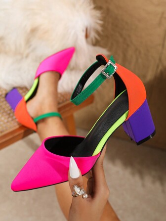 秋冬女士优雅高跟尖头双色系带凉鞋，饰有水晶踝带，优雅派对风