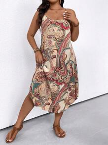 SHEIN Clasi Plus Size Women's Boho Vacation Plant Printed Long Loose Straight Casual Cami Dress Women Outfit, For Summer - Multicolor - View 4