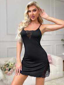 Contrast Lace Lettuce Trim Cami Pajama Nightdress - Black - View 5