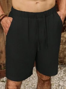 Manfinity RSRT 男士時尚寬鬆純色休閒短褲，百搭款 - 黑色 - 查看 3