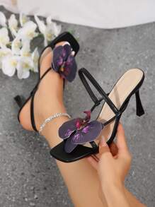 Giày cao gót đế xuồng họa tiết hoa thời trang mới 2024 dành cho nữ, thích hợp đi biển, tiệc tùng, hẹn hò, nghỉ dưỡng, đi làm, mặc hàng ngày và sự kiện ngoài trời - màu đen - Xem 1