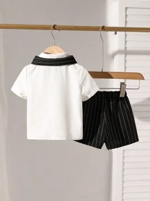 SHEIN Playful Pals 嬰兒男童條紋印花襯衫&短褲&披肩 - 黑與白 - 查看 2