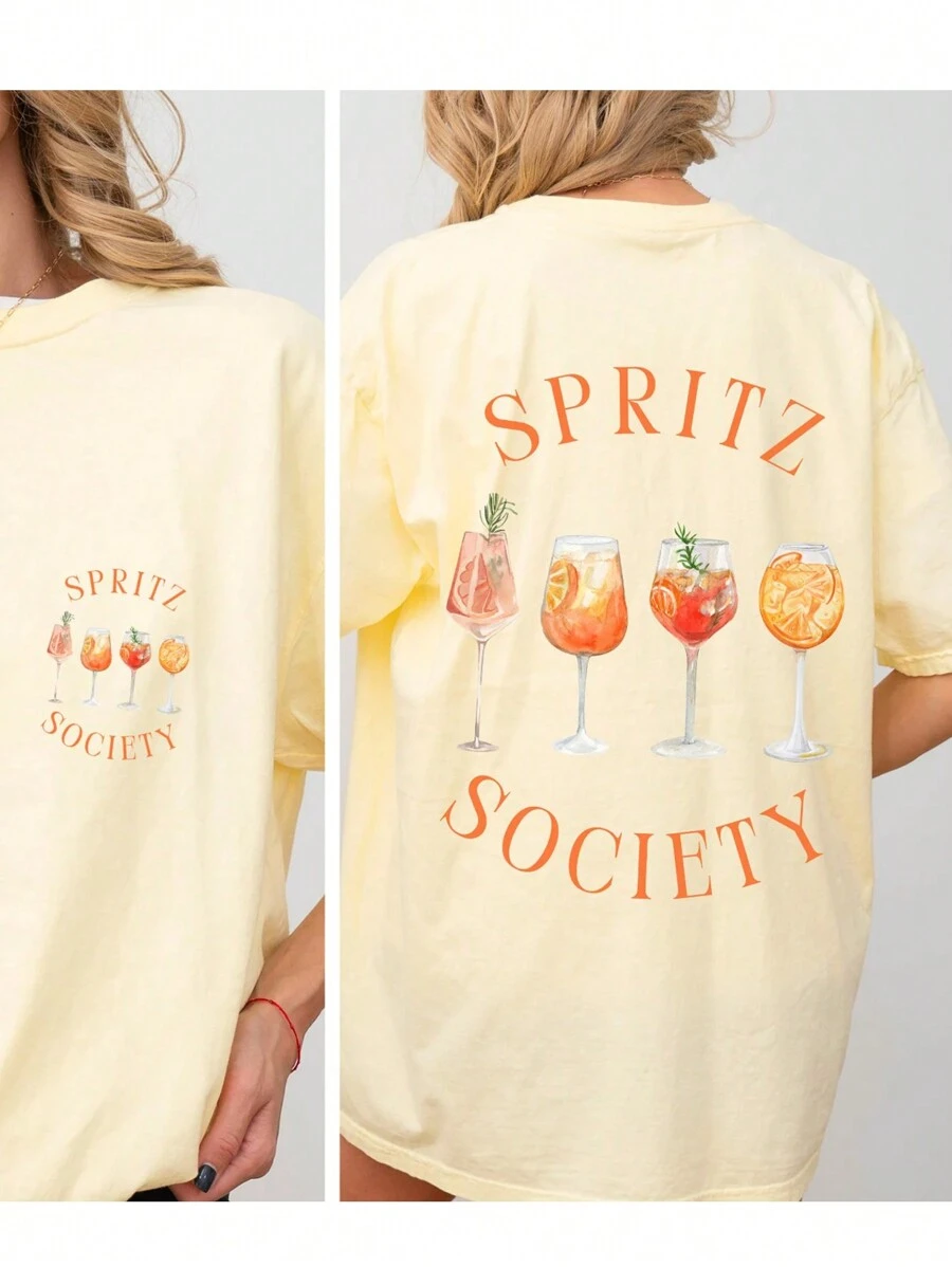 INAWLY Camiseta holgada con gráfico de cóctel y letras, camisetas gráficas para mujer - Amarillo - Ver 1