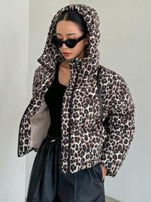 DAZY 豹纹宽松连帽长袖拉链女士棉服外套，冬季女装，冬季外套女士 - 棕色 - 查看 1