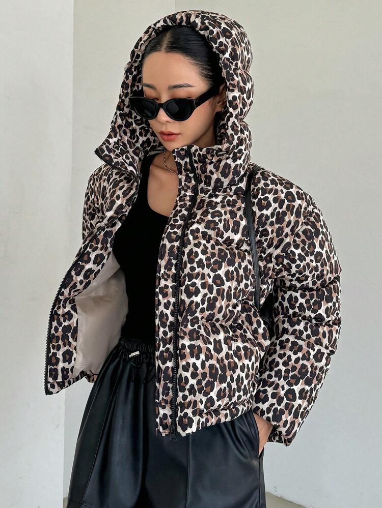 Leopard Print Loose Hooded Long Sleeve Zipper Women's Padded Coat Jacket ,Winter Women Clothes,Winter Coat Women