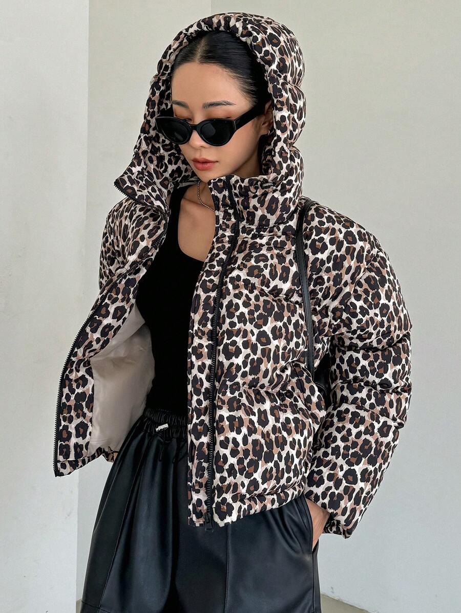 DAZY Áo khoác có mũ trùm đầu rộng rãi tay dài có khóa kéo họa tiết da báo dành cho nữ, Quần áo mùa đông cho nữ, Áo khoác mùa đông cho nữ - màu nâu - Xem 1