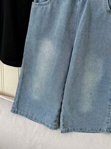 SHEIN 2入組嬰兒男童休閒Sowhat標語T卹和寬鬆牛仔褲套裝，春夏款 - 黑色 - 查看 5