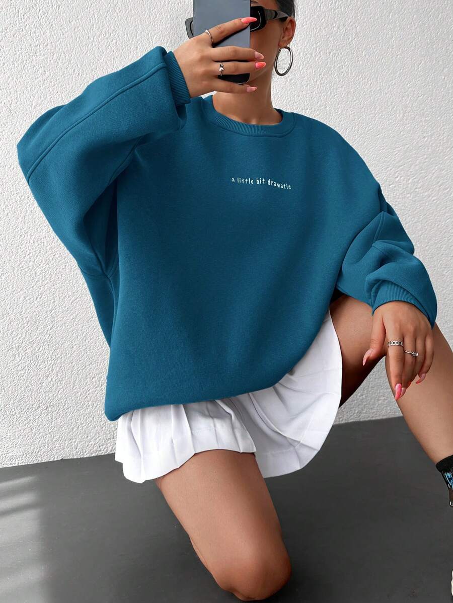 Cottnline Letter Graphic Drop Shoulder Sweatshirt - Teal Blue - View 1