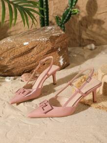 On feet& in love Giày cao gót nữ thanh lịch với khóa vuông trang trí, quai sau đính đá, mũi nhọn, phần trên thấp, phù hợp với váy, kiểu dáng sang trọng. - Hồng - Xem 4