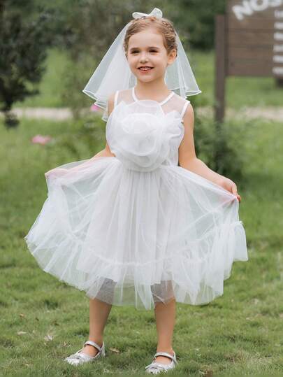 SHEIN Glamorique Kids Young Girl Gorgeous, , Elegant And Ladylike White 3D Rose Flower Mesh Dress For Toddler Girl S, Suitable For Summer, Weddings, Parties And Stage Performances