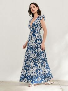 EURMUSE Striped V-Neck Button Detailed Dress - Blue - View 4