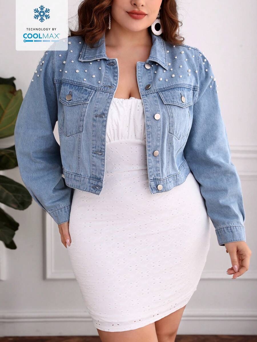 Plus Size Spring/Summer/Fall Casual Denim Jacket With Stud Embellishments - أزرق فاتح - مشاهدة 1