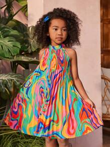 SHEIN SLAYR KIDS Young Girl's Vacation Spring/Summer Geometric Pattern Woven Pleated Halter Dress - Multicolor - View 5