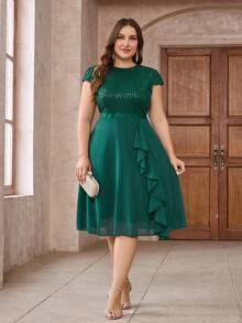 Plus Sequin Insert Ruffle Trim Dress - Green - View 4