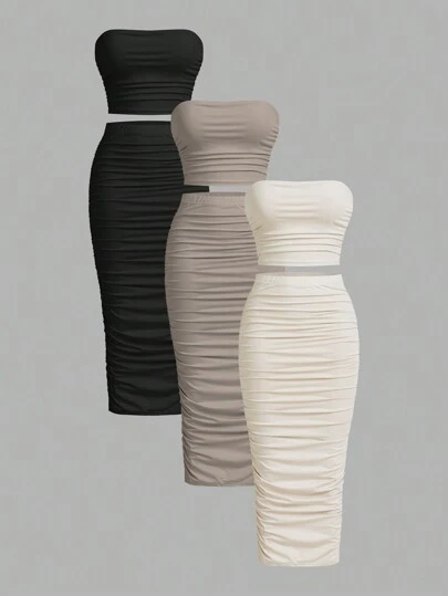 SHEIN Essnce Women's Summer Casual Solid Color Pleated Strapless Top Going Out Tops Tube Top And Knee-Length Slim Fit Skirt Set Airport Outfit Back To School Clothes Women Two Pieces Sets Tube Top Set Going Out Sets For Fall Clothes , 3pcs