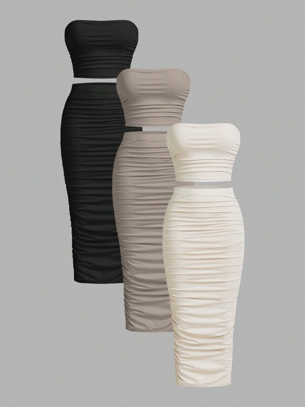 SHEIN Essnce Conjunto de 3 piezas de top sin tirantes plisado de unicolor y falda lápiz ajustada a la rodilla para mujer, conjunto de prendas de vestir casual de verano para aeropuerto, regreso a la escuela y otoño