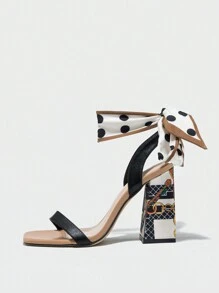 Sandales camel pour femmes à talons hauts à la mode pour le printemps/été, talon Épais avec bout carré, lanière sexy et élégante avec nœud papillon et ornement brillant - Camel - Voir 3