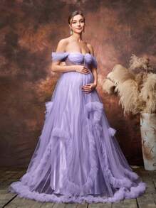 Faeriesty Dressalisa Maternity Off Shoulder Sheer Bodice Ruffle Trim Tulle Evening Dress - Purple - View 4