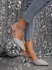 New Stylish Rhinestone & Faux Pearl Pointed Toe High Heel Mules, Suitable For Dates, Parties, Commuting And Business Wear, Spring/Autumn,Kitten Heels - Silver - View 7