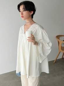 FRIFUL V Neck Contrast Lace Long Sleeve Blouse - White - View 6